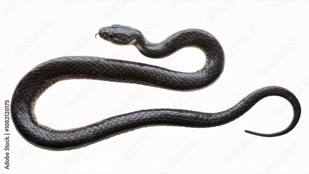 Obraz premium Serpentine Elegance: A sleek, dark snake gracefully coils into an elegant S-shape, isolated against a clean background. Its smooth scales and intense gaze command attention. 