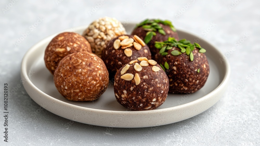 Delicious Energy Bites on a Light Gray Plate with a Variety of Textures and Toppings for Healthy Snacking and Nutritional Benefits Delicious Energy Bites on a Light Gray Plate with a Variety of Textures and Toppings for Healthy Snacking and Nutritional Benefits