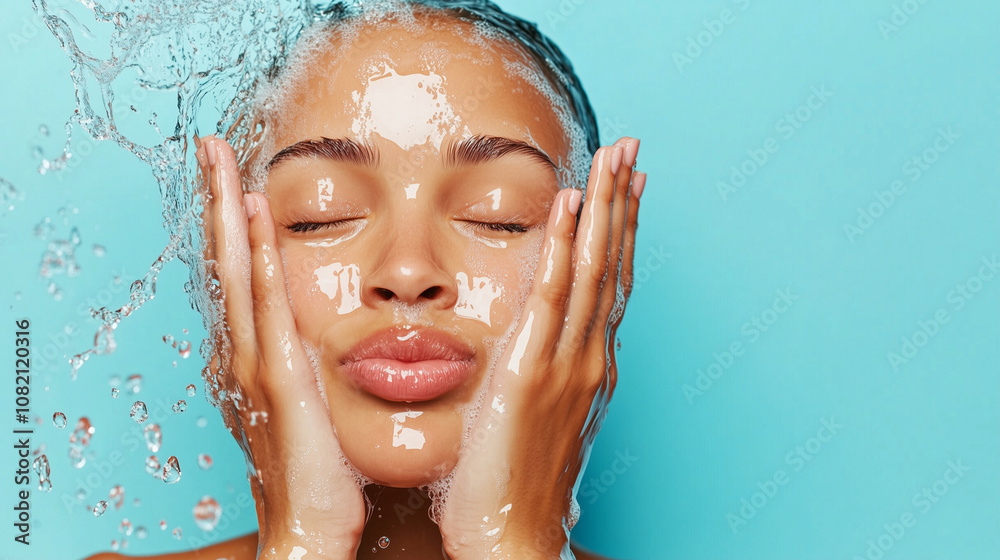 A woman washing her face with water splashing around, set against a blue background A woman washing her face with water splashing around, set against a blue background