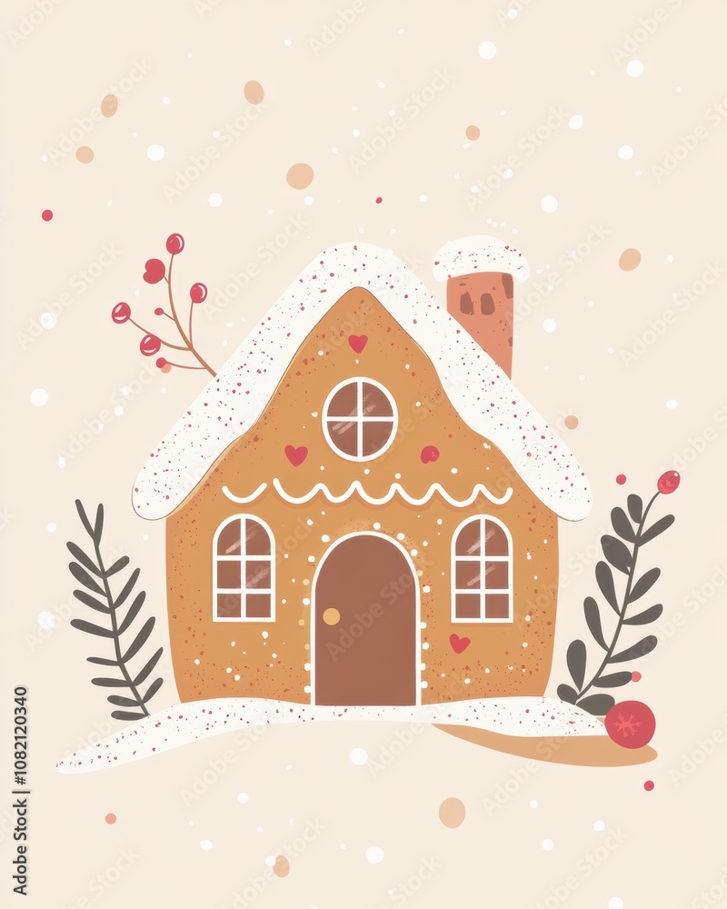 Cute Christmas gingerbread house, a flat vector illustration with a pastel background Cute Christmas gingerbread house, a flat vector illustration with a pastel background