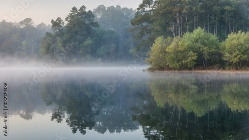 landscape of a calm lake with trees in fog