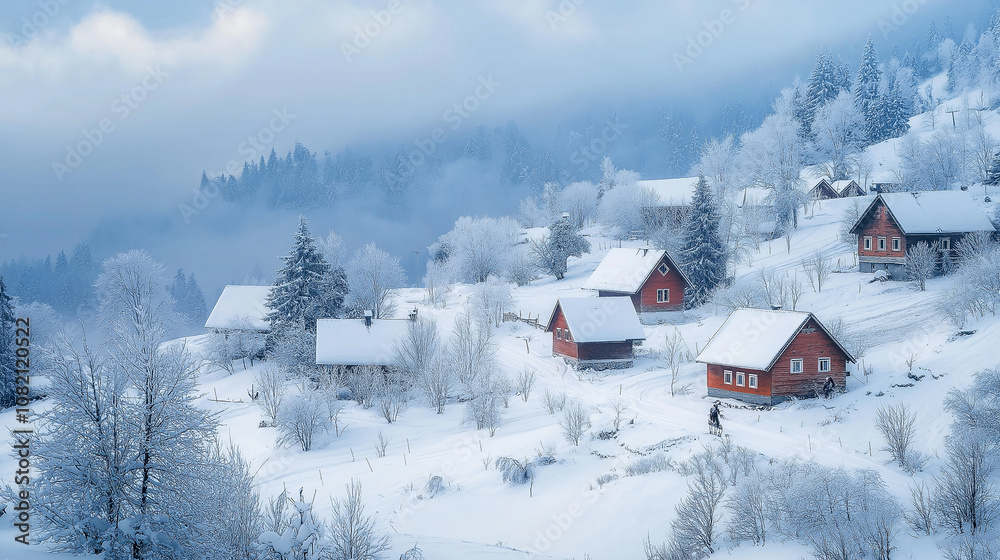 Naklejka premium Snowy winter landscape with cozy houses in a small village, The village houses and forest are covered with fresh snow, generative ai