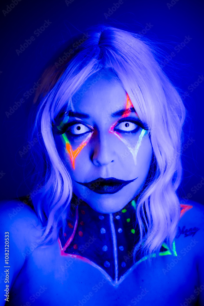 Portrait of a model wearing clown makeup with fluorescent eyewear Portrait of a model wearing clown makeup with fluorescent eyewear