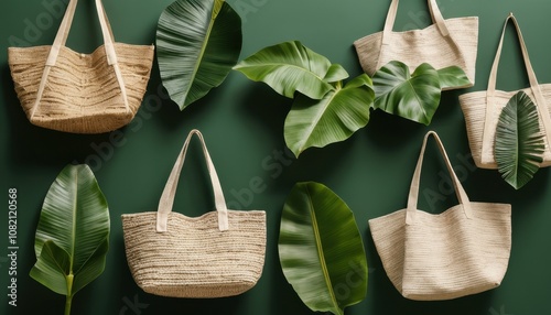 A series of eco-friendly tote bags made from plant-based fibers such as banana leaves and jute photo