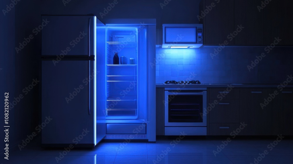 Modern Refrigerator with an Open Door and Blue LED Lighting in a Dark Kitchen at Night, Showcasing a Clean Interior and Sleek Design Aesthetic