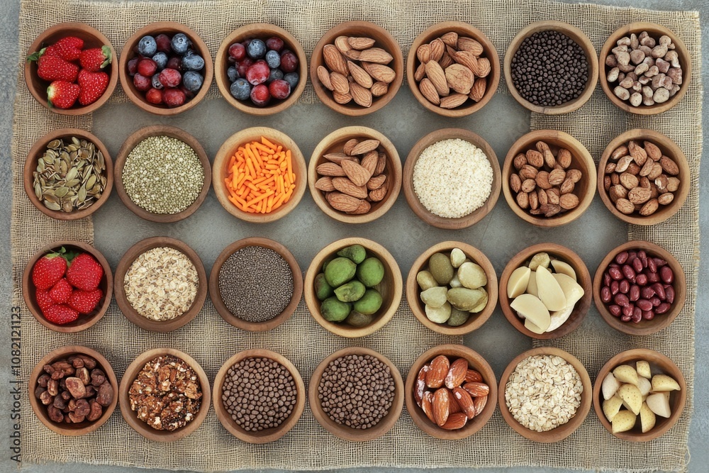 A selection of nuts and berries arranged in wooden bowls, ideal for food displays or still life photography A selection of nuts and berries arranged in wooden bowls, ideal for food displays or still life photography