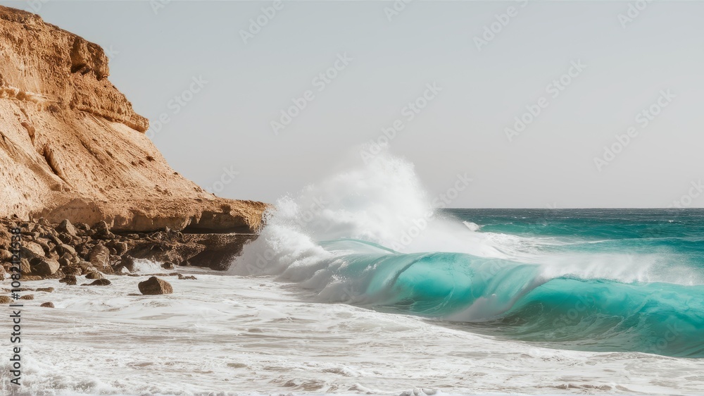 Ocean's Fury: Dramatic turquoise wave crashing against a rugged coastline cliff. Ocean's Fury: Dramatic turquoise wave crashing against a rugged coastline cliff.