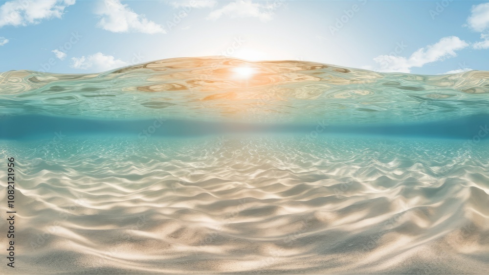 Sunlit Sands Underwater Paradise: A breathtaking split-level view of a pristine beach, showcasing the crystal-clear turquoise water meeting the sun-kissed sand.