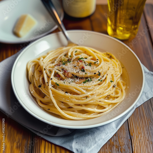Creamy linguine topped with...