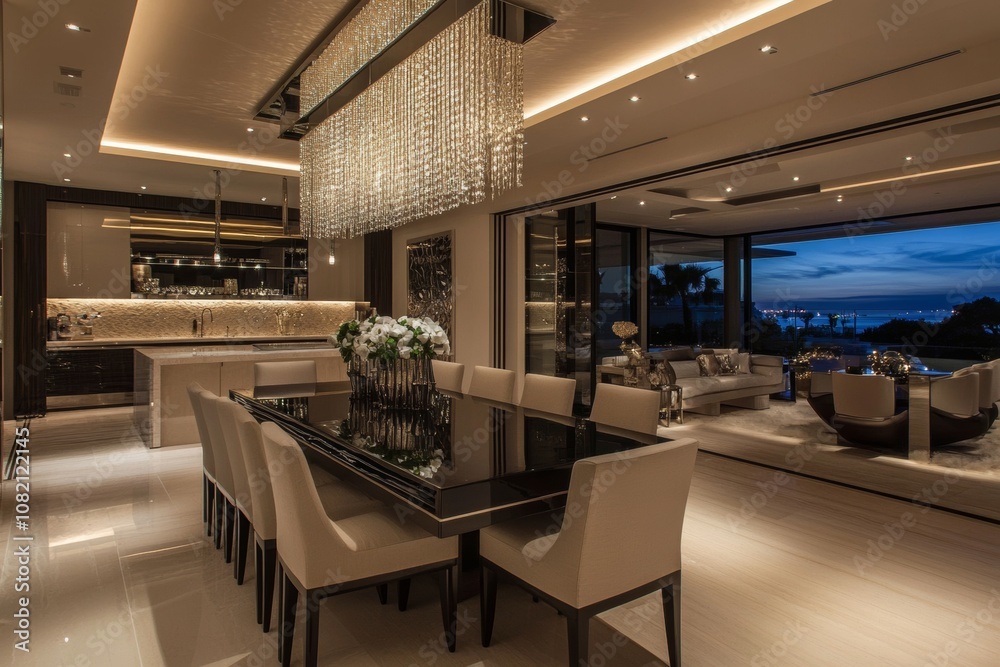 Modern dining room with elegant neutral tones and sleek furniture creates a sophisticated atmosphere for evening gatherings