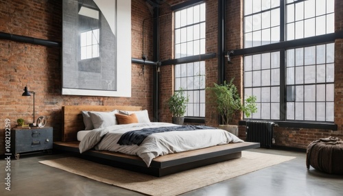 A spacious loft bedroom with a platform bed, large windows, and industrial elements 