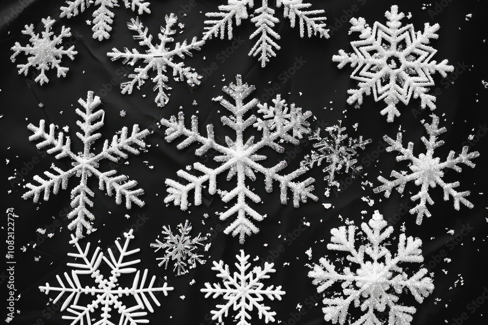 A close-up shot of delicate snowflakes in monochrome A close-up shot of delicate snowflakes in monochrome
