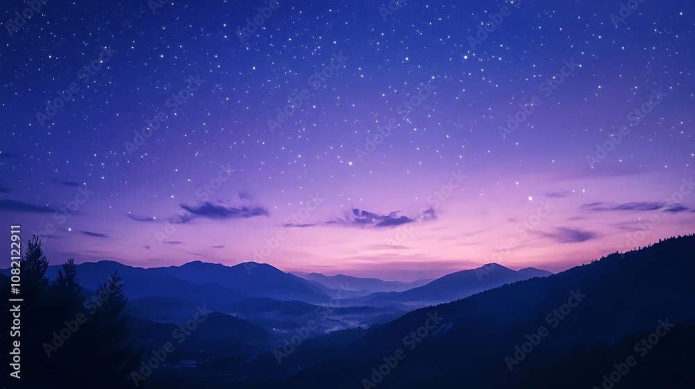 Fototapeta premium Silhouette of mountains against a starry night sky with a purple and blue gradient.