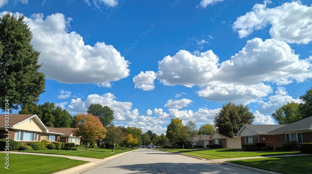 a beautiful residential neighborhood with modern houses, green lawns, and clean roads. The sky is clear and blue a beautiful residential neighborhood with modern houses, green lawns, and clean roads. The sky is clear and blue