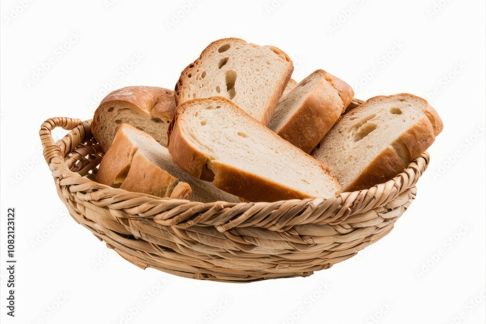 Artisan Bread Basket: Rustic Charm. Slices of golden-brown artisan bread artfully arranged in a rustic wicker basket, inviting warmth and deliciousness. Artisan Bread Basket: Rustic Charm. Slices of golden-brown artisan bread artfully arranged in a rustic wicker basket, inviting warmth and deliciousness.