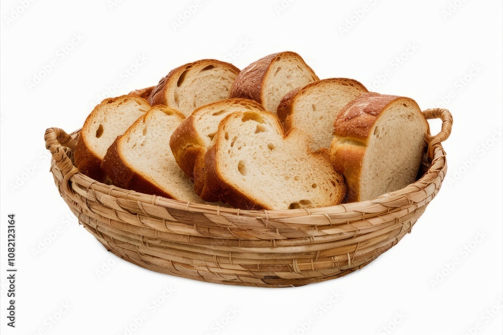 Freshly Baked Bread Slices in a Basket: A rustic wicker basket overflowing with golden-brown slices of freshly baked bread, inviting a comforting and wholesome experience. Freshly Baked Bread Slices in a Basket: A rustic wicker basket overflowing with golden-brown slices of freshly baked bread, inviting a comforting and wholesome experience.