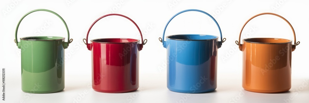 Colorful Pails: A row of four paint pails, each in a vibrant hue of green, red, blue, and orange,  arranged in a minimalist composition.