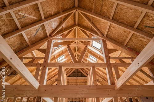 Wooden Roof Truss Construction: A detailed view of a stunning, intricate wooden roof truss system during construction. The image showcases the craftsmanship and structural integrity of the design.