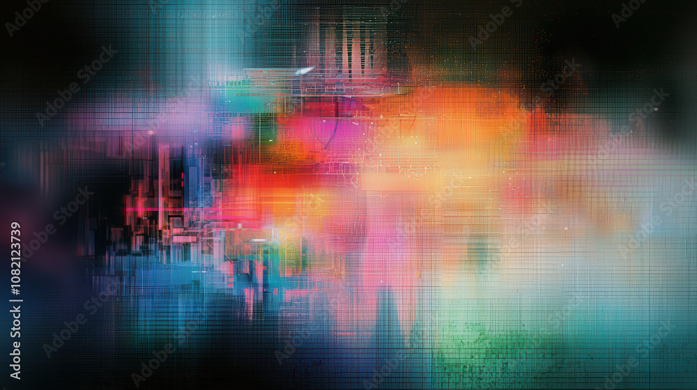 Distorted digital layers create vibrant, glitch style abstract artwork. colorful composition evokes sense of movement and energy, perfect for modern design Distorted digital layers create vibrant, glitch style abstract artwork. colorful composition evokes sense of movement and energy, perfect for modern design