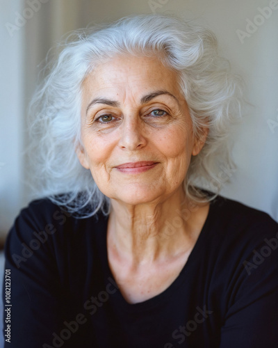 Portrait of Elderly Spanish Woman Smiling Peacefully, Representing Positive Aging