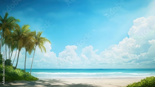 Lush tropical landscape with tall coconut trees, sunlit beach, and gentle waves, watercolor captures relaxed island vibes