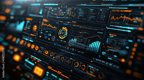 futuristic full stack application monitoring interface displays dynamic data visualizations, including graphs and charts, in high tech digital environment