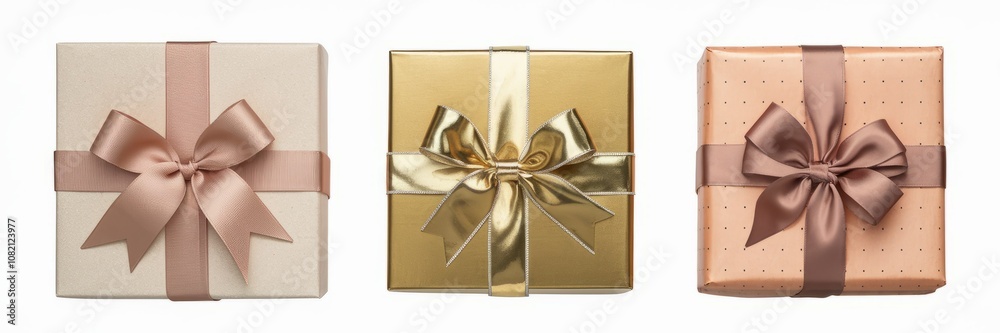 Gift Boxes: Elegance in Every Wrap: Three beautifully wrapped gift boxes, each adorned with a delicate ribbon, showcase the art of giving. From classic beige to shimmering gold. Gift Boxes: Elegance in Every Wrap: Three beautifully wrapped gift boxes, each adorned with a delicate ribbon, showcase the art of giving. From classic beige to shimmering gold.