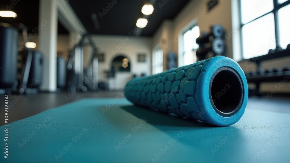  Foam roller for back pain. A textured foam roller lies on a yoga mat in a brightly lit gym, surrounded by exercise equipment and large windows.