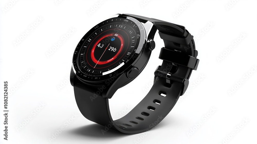 A black smartwatch with a round face and a black rubber band, isolated on a white background. A black smartwatch with a round face and a black rubber band, isolated on a white background.