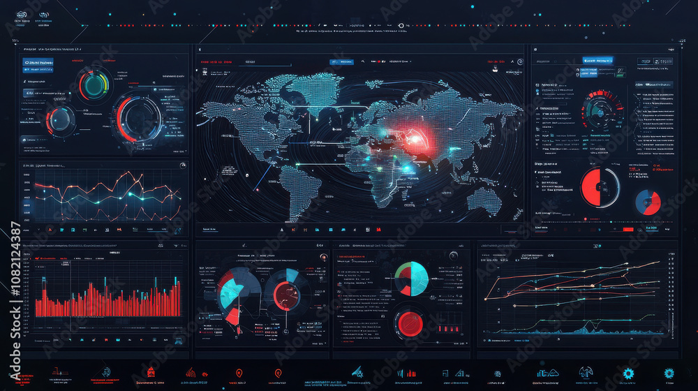 futuristic real time APM dashboard with interactive features displays global data analytics, charts, and graphs, highlighting network performance and system metrics in high tech interface futuristic real time APM dashboard with interactive features displays global data analytics, charts, and graphs, highlighting network performance and system metrics in high tech interface