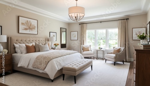 A transitional bedroom with a mix of traditional and modern furniture and warm neutral colors 