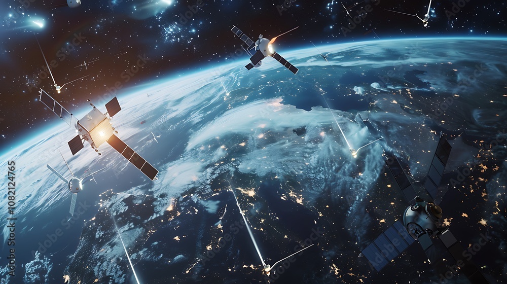 A view of multiple satellites orbiting Earth, symbolizing global communication networks. A view of multiple satellites orbiting Earth, symbolizing global communication networks.