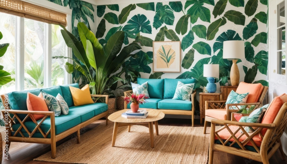 A tropical-inspired living room with vibrant colors, palm leaf patterns, and natural wood furniture A tropical-inspired living room with vibrant colors, palm leaf patterns, and natural wood furniture