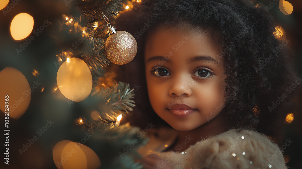 Pretty pensive little child near Cristmas tree. indoor Pretty pensive little child near Cristmas tree. indoor