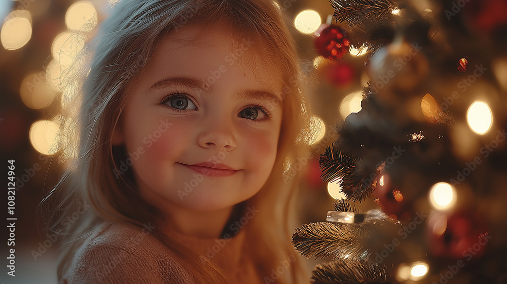 Pretty pensive little child near Cristmas tree. indoor Pretty pensive little child near Cristmas tree. indoor