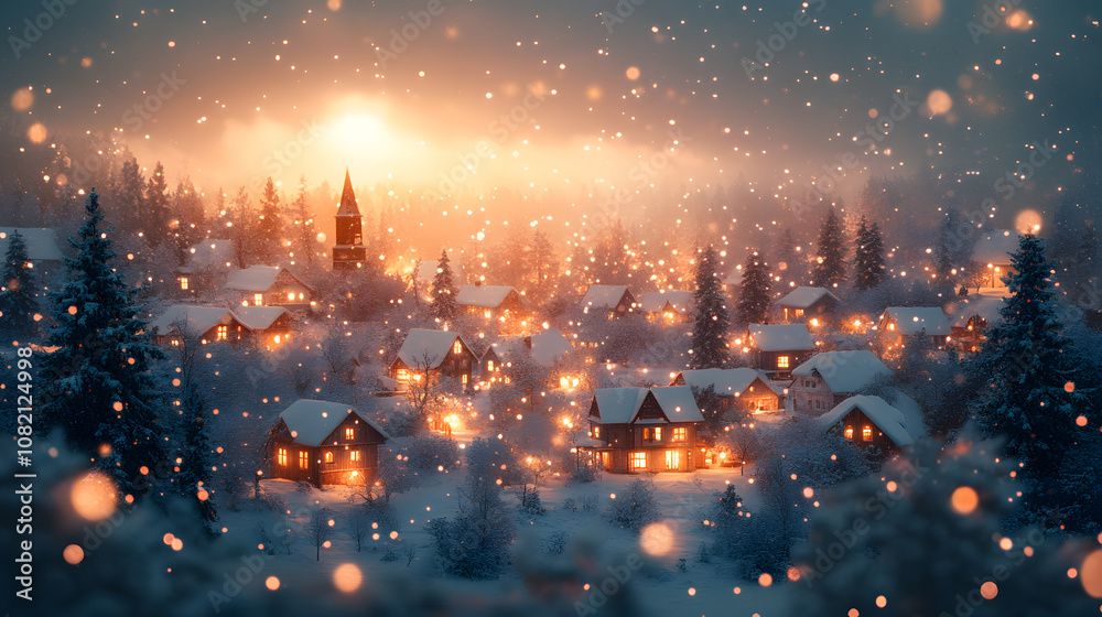 Illustration of a cozy winter village at dusk, with warm golden lights glowing in the windows of houses, snow blanketing the rooftops, and a deep blue sky filled with softly falling snowflakes. Illustration of a cozy winter village at dusk, with warm golden lights glowing in the windows of houses, snow blanketing the rooftops, and a deep blue sky filled with softly falling snowflakes.