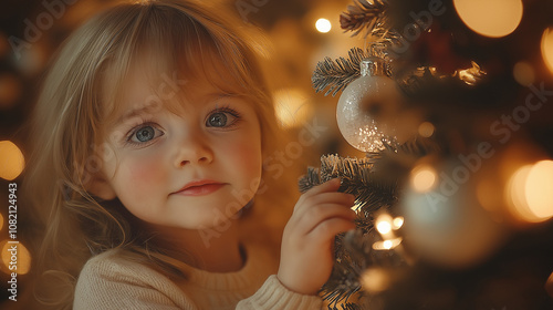 A little child by the New Year tree. Children decorate the Christmas tree