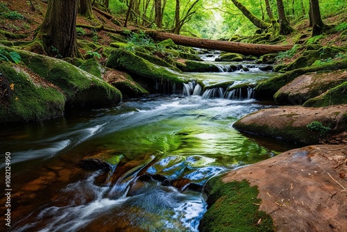 Vibrant Forest Stream with Flowing Water and Lush Green Reflections