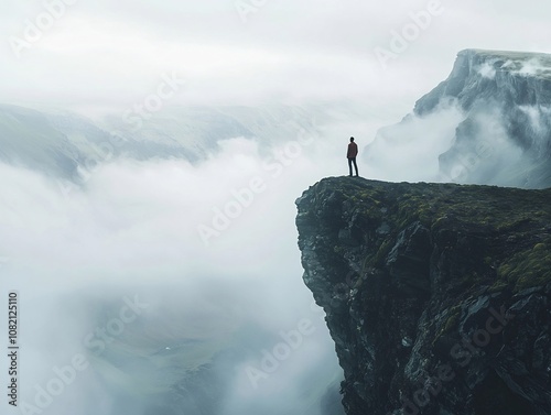 Silhouetted Figure Stands at the Edge of a Misty Cliff Gazing into the Uncertain Beyond