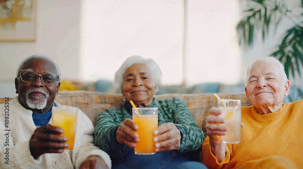 Retirement moments with elderly friends savoring orange juice, symbolizing community and happiness Retirement moments with elderly friends savoring orange juice, symbolizing community and happiness