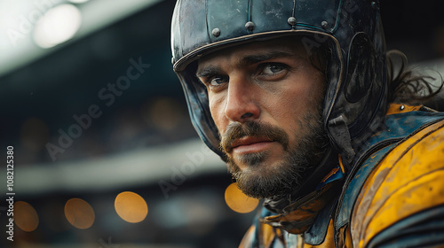 An intense moment captures a modern jousting athlete clad in contemporary safety gear with traditional elements, highlighting the sport's blend of history and innovation photo