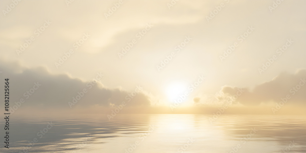 A serene sunrise scene with gentle beams of light illuminating a tranquil water surface and soft clouds in the background A serene sunrise scene with gentle beams of light illuminating a tranquil water surface and soft clouds in the background