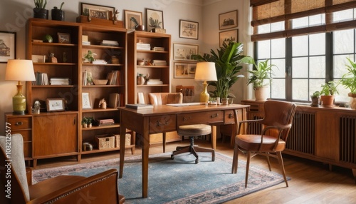 A vintage-inspired home office with wooden furniture, warm lighting, and retro accessories  photo