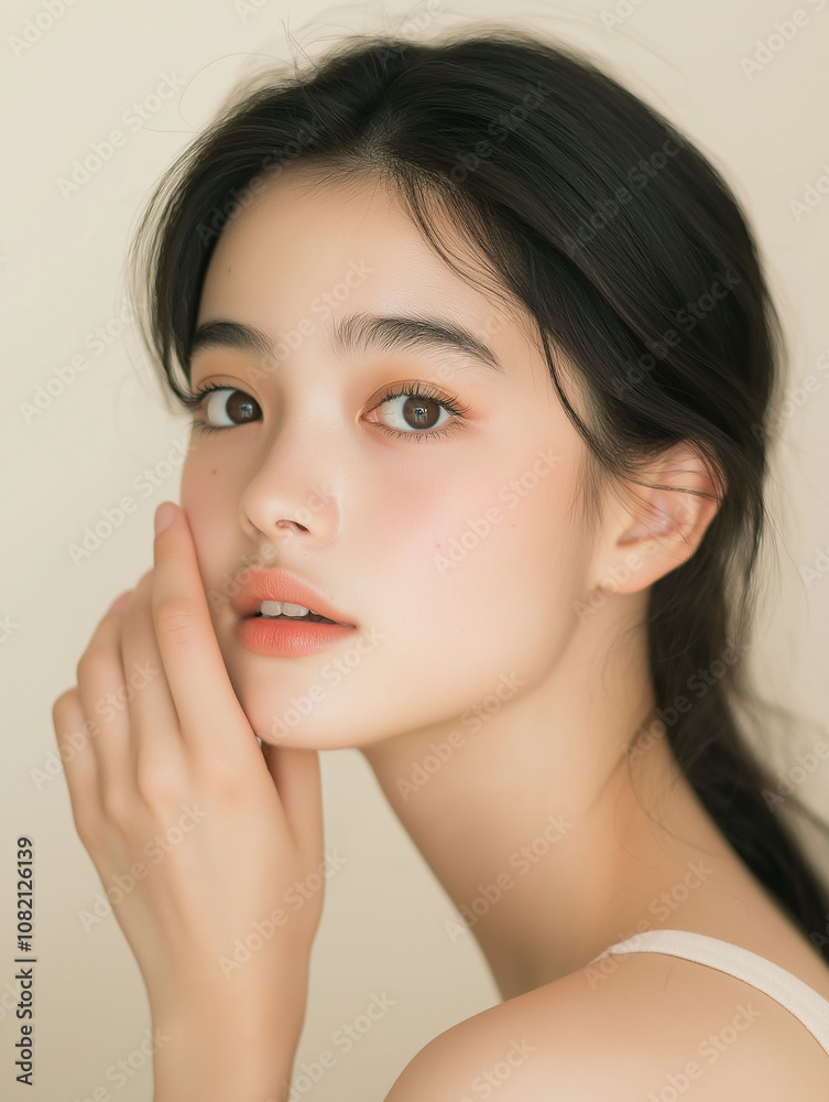 Young woman with long dark hair gently touching her face, posed against a neutral background in soft lighting Young woman with long dark hair gently touching her face, posed against a neutral background in soft lighting