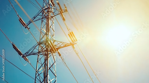 High voltage power lines against clear blue sky with sunlight. image captures structure and cables, emphasizing energy transmission