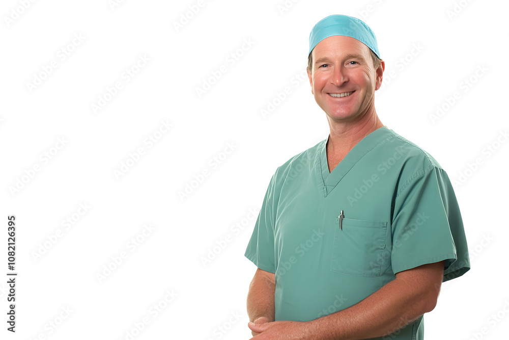 A smiling european male healthcare worker in scrubs poses confidently with arms crossed, showcasing professionalism and approachability A smiling european male healthcare worker in scrubs poses confidently with arms crossed, showcasing professionalism and approachability