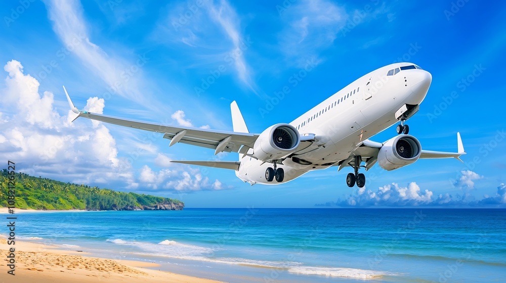 Obraz premium Commercial Airplane Taking Off Over Tropical Beach and Ocean Landscape