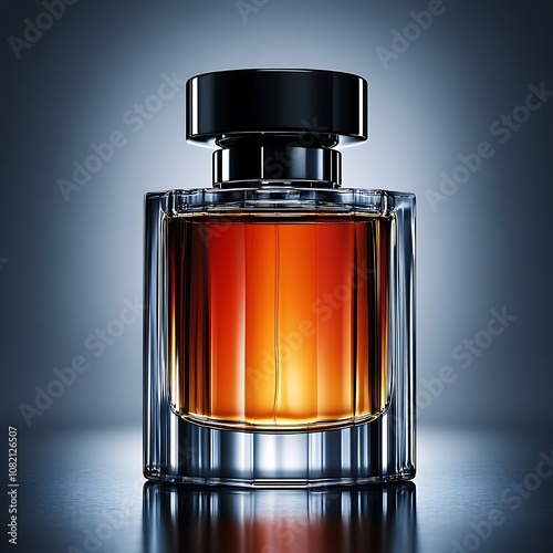 A glass bottle of amber-colored perfume with a black cap, on a reflective surface. photo