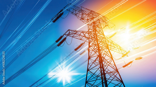 High voltage power lines and towers against vibrant sunset sky, showcasing energy transmission. dynamic colors create striking visual impact