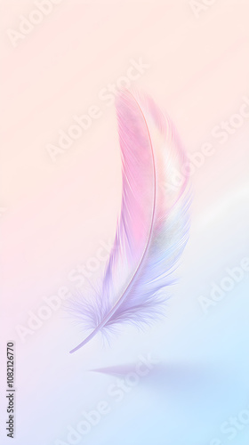 A single feather floats gracefully down against a soft pastel gradient background evoking a sense of lightness and tranquility
